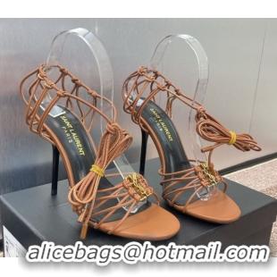 Stylish Saint Laurent Babylone Heel Sandals 9.5cm in Lambskin Leather Brown 0825090