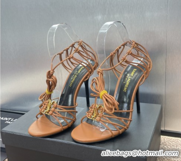 Stylish Saint Laurent Babylone Heel Sandals 9.5cm in Lambskin Leather Brown 0825090