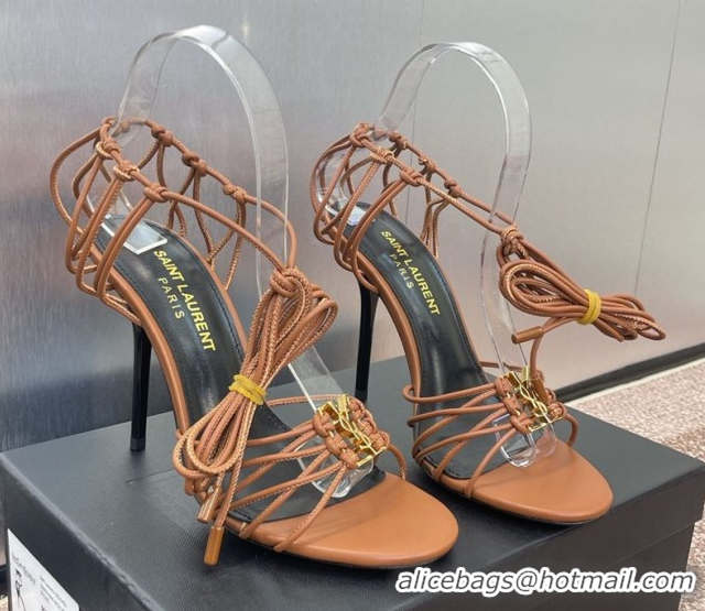 Stylish Saint Laurent Babylone Heel Sandals 9.5cm in Lambskin Leather Brown 0825090