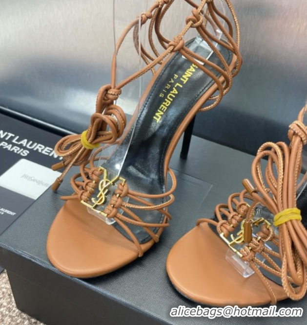 Stylish Saint Laurent Babylone Heel Sandals 9.5cm in Lambskin Leather Brown 0825090
