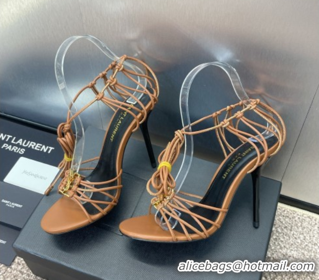 Stylish Saint Laurent Babylone Heel Sandals 9.5cm in Lambskin Leather Brown 0825090