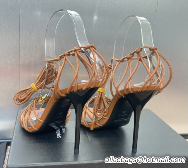 Stylish Saint Laurent Babylone Heel Sandals 9.5cm in Lambskin Leather Brown 0825090