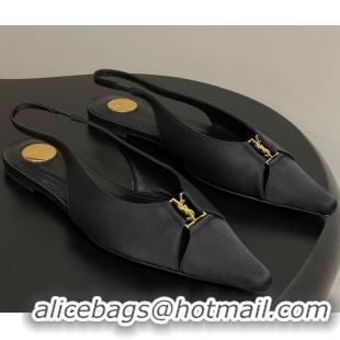 Duplicate Saint Laurent Babylone Flats Slingback in Satin Black 0825094