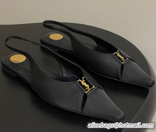 Duplicate Saint Laurent Babylone Flats Slingback in Satin Black 0825094