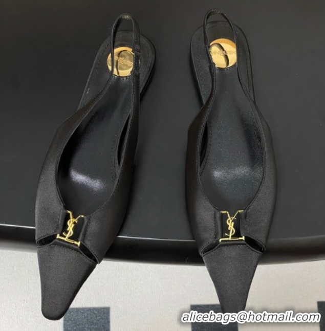 Duplicate Saint Laurent Babylone Flats Slingback in Satin Black 0825094
