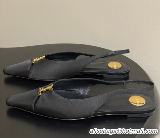 Duplicate Saint Laurent Babylone Flats Slingback in Satin Black 0825094