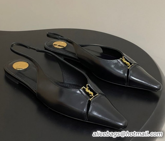 Hot Style Saint Laurent Babylone Flats Slingback in Shiny Calfskin Black 0825095