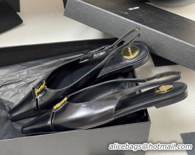 Hot Style Saint Laurent Babylone Flats Slingback in Shiny Calfskin Black 0825095