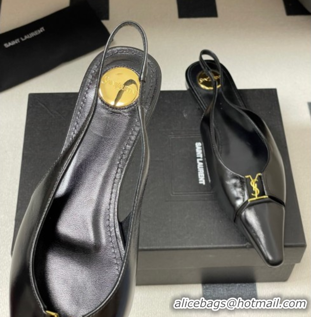 Hot Style Saint Laurent Babylone Flats Slingback in Shiny Calfskin Black 0825095