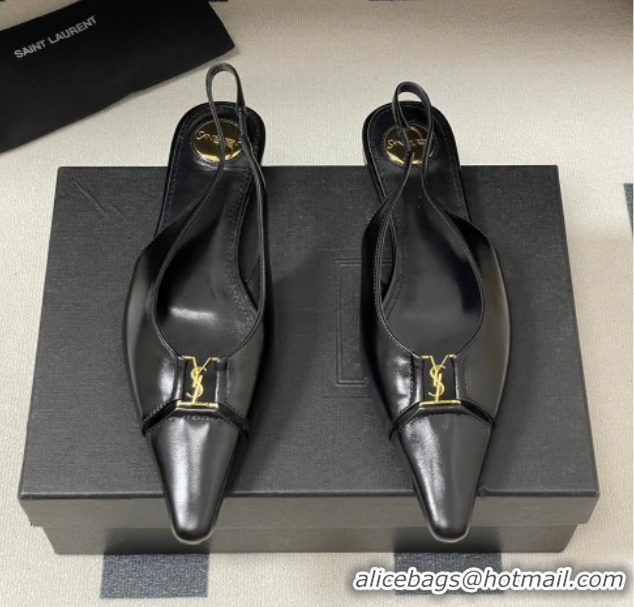 Hot Style Saint Laurent Babylone Flats Slingback in Shiny Calfskin Black 0825095