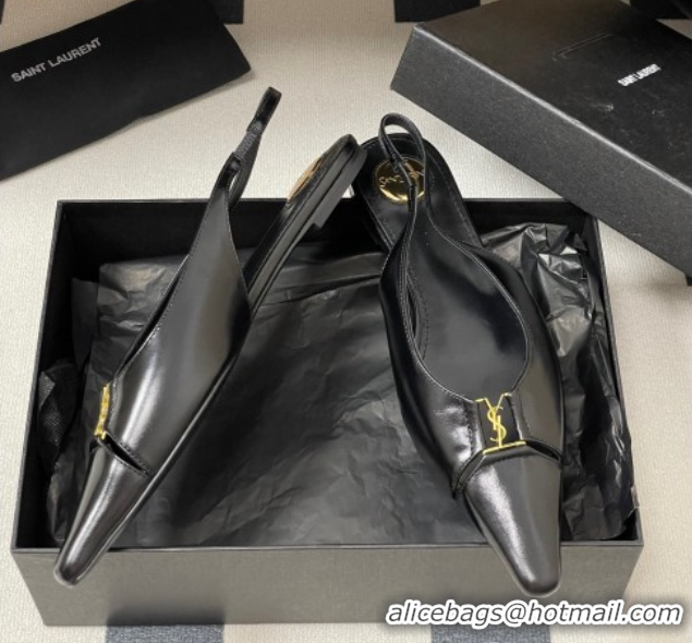 Hot Style Saint Laurent Babylone Flats Slingback in Shiny Calfskin Black 0825095