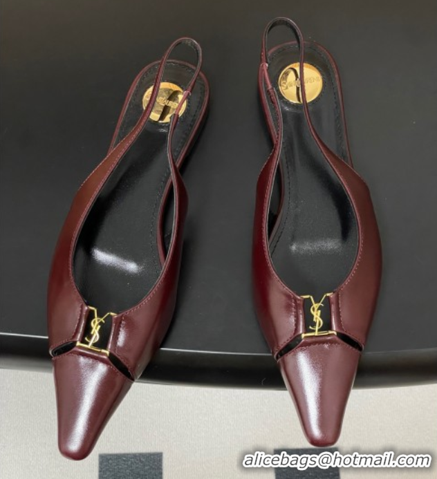 Stylish Saint Laurent Babylone Flats Slingback in Shiny Calfskin Dark Burgundy 0825097