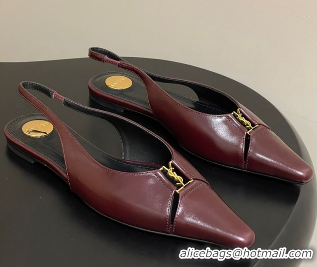 Stylish Saint Laurent Babylone Flats Slingback in Shiny Calfskin Dark Burgundy 0825097
