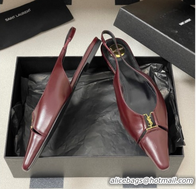 Stylish Saint Laurent Babylone Flats Slingback in Shiny Calfskin Dark Burgundy 0825097