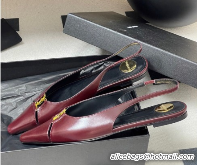 Stylish Saint Laurent Babylone Flats Slingback in Shiny Calfskin Dark Burgundy 0825097