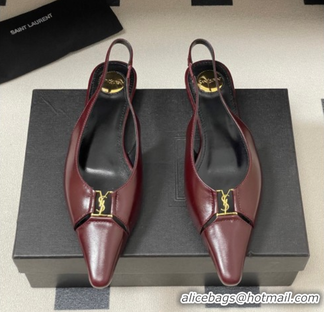 Stylish Saint Laurent Babylone Flats Slingback in Shiny Calfskin Dark Burgundy 0825097