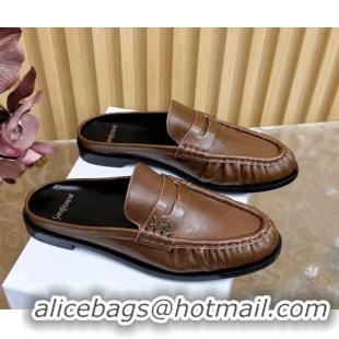 Good Quality Saint Laurent Le Loafers Mules in Creased Leather Dark Brown 0825095