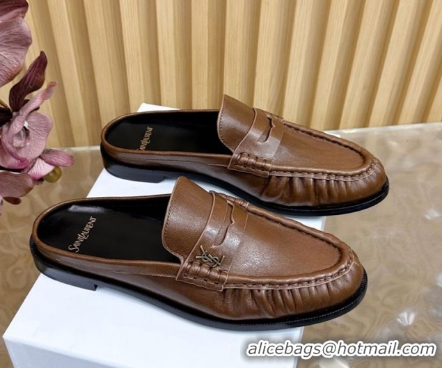 Good Quality Saint Laurent Le Loafers Mules in Creased Leather Dark Brown 0825095