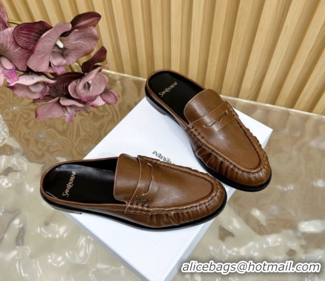 Good Quality Saint Laurent Le Loafers Mules in Creased Leather Dark Brown 0825095