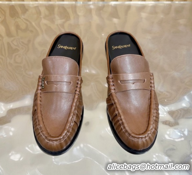 Good Quality Saint Laurent Le Loafers Mules in Creased Leather Dark Brown 0825095
