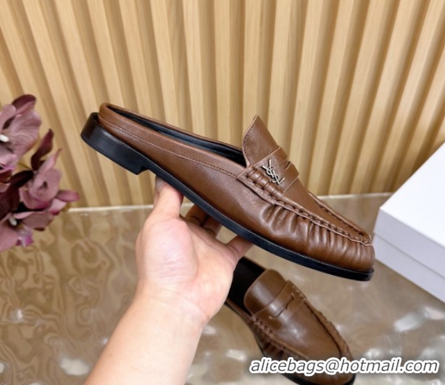 Good Quality Saint Laurent Le Loafers Mules in Creased Leather Dark Brown 0825095