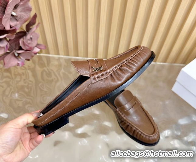 Good Quality Saint Laurent Le Loafers Mules in Creased Leather Dark Brown 0825095