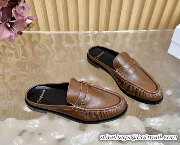 Good Quality Saint Laurent Le Loafers Mules in Creased Leather Dark Brown 0825095