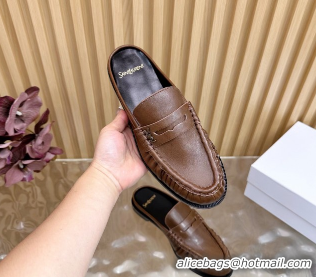 Good Quality Saint Laurent Le Loafers Mules in Creased Leather Dark Brown 0825095