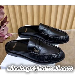 Grade Quality Saint Laurent Le Loafers Mules in Creased Leather Black 0825099