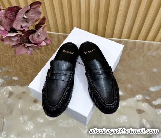 Grade Quality Saint Laurent Le Loafers Mules in Creased Leather Black 0825099