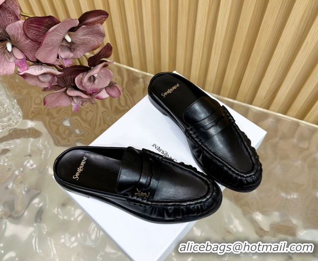 Grade Quality Saint Laurent Le Loafers Mules in Creased Leather Black 0825099