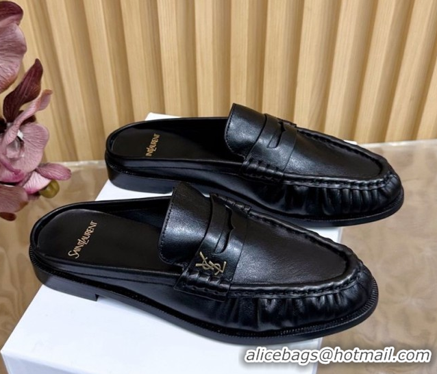Grade Quality Saint Laurent Le Loafers Mules in Creased Leather Black 0825099
