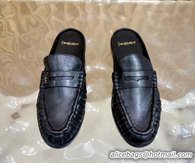 Grade Quality Saint Laurent Le Loafers Mules in Creased Leather Black 0825099