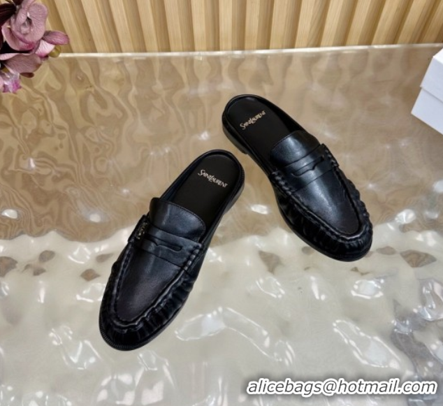 Grade Quality Saint Laurent Le Loafers Mules in Creased Leather Black 0825099