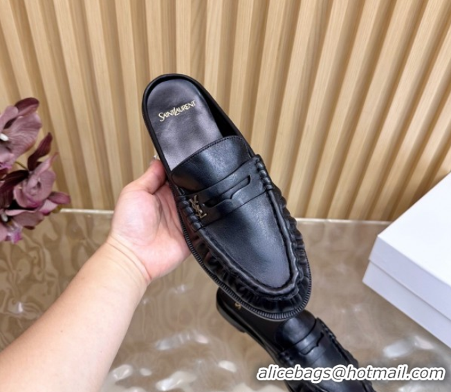Grade Quality Saint Laurent Le Loafers Mules in Creased Leather Black 0825099