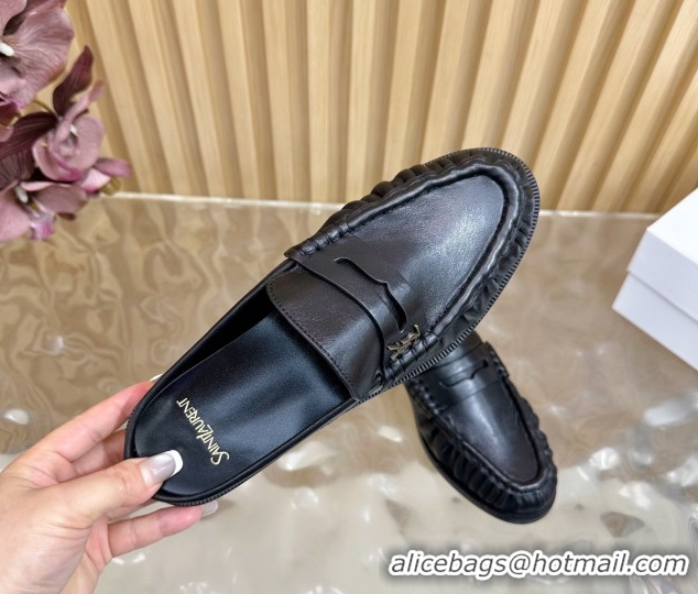 Grade Quality Saint Laurent Le Loafers Mules in Creased Leather Black 0825099