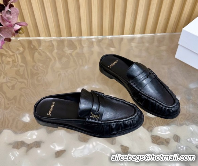 Grade Quality Saint Laurent Le Loafers Mules in Creased Leather Black 0825099