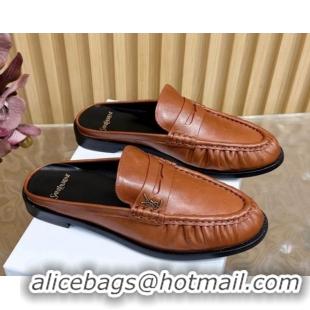 Perfect Saint Laurent Le Loafers Mules in Creased Leather Tan Brown 0825101