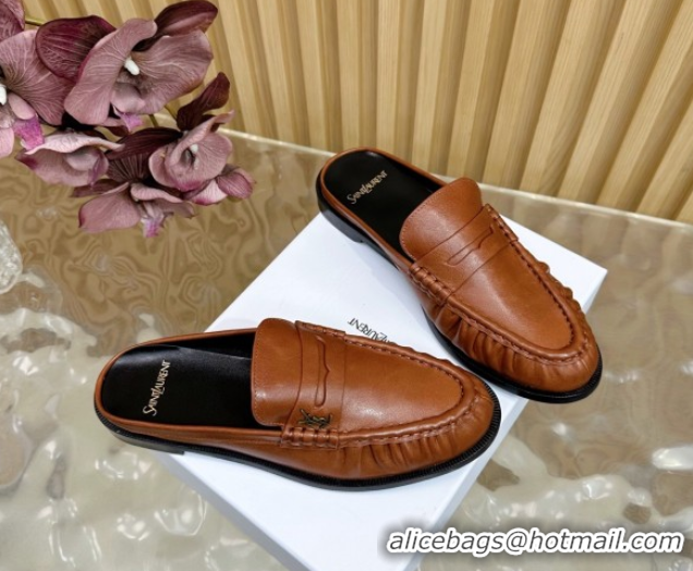 Perfect Saint Laurent Le Loafers Mules in Creased Leather Tan Brown 0825101