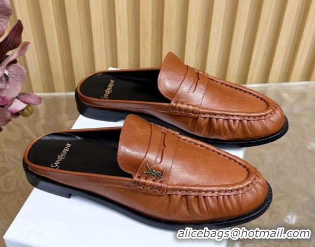 Perfect Saint Laurent Le Loafers Mules in Creased Leather Tan Brown 0825101