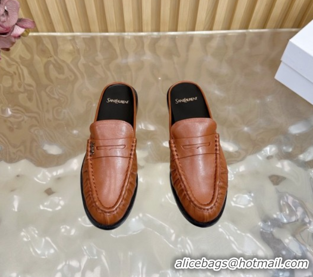 Perfect Saint Laurent Le Loafers Mules in Creased Leather Tan Brown 0825101