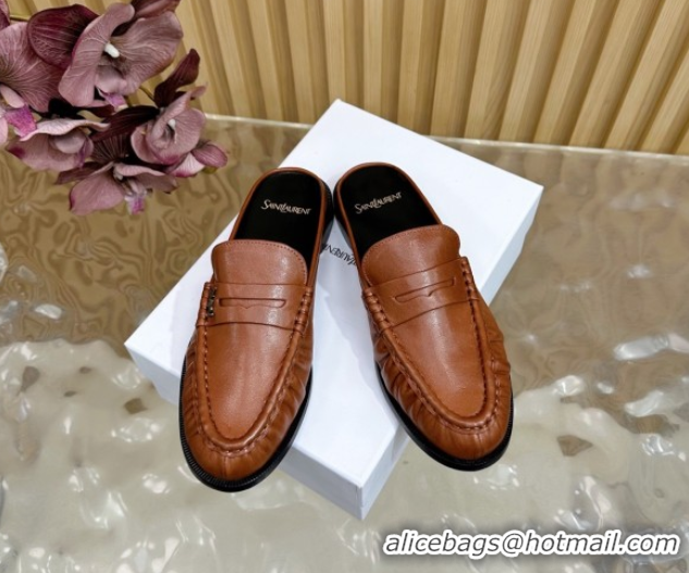 Perfect Saint Laurent Le Loafers Mules in Creased Leather Tan Brown 0825101