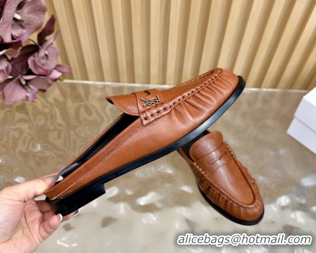 Perfect Saint Laurent Le Loafers Mules in Creased Leather Tan Brown 0825101