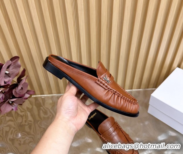 Perfect Saint Laurent Le Loafers Mules in Creased Leather Tan Brown 0825101