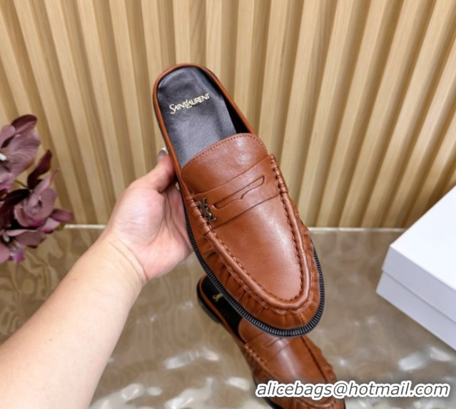 Perfect Saint Laurent Le Loafers Mules in Creased Leather Tan Brown 0825101