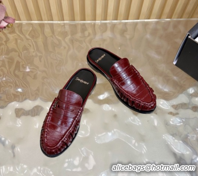 Good Product Saint Laurent Le Loafers Mules in Eel Embossed Leather Burgundy 0825098