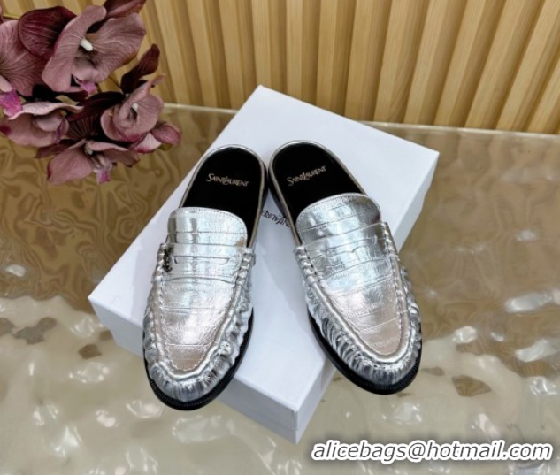 Purchase Saint Laurent Le Loafers Mules in Eel Embossed Leather Silver 0825102