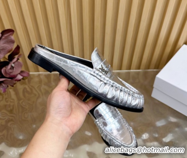 Purchase Saint Laurent Le Loafers Mules in Eel Embossed Leather Silver 0825102