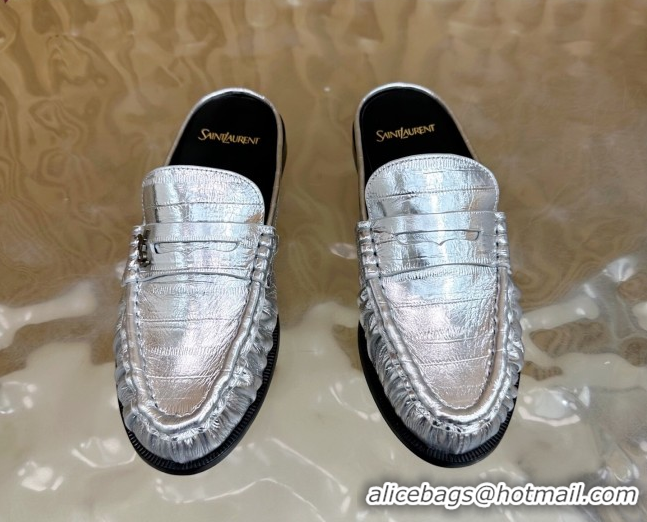 Purchase Saint Laurent Le Loafers Mules in Eel Embossed Leather Silver 0825102