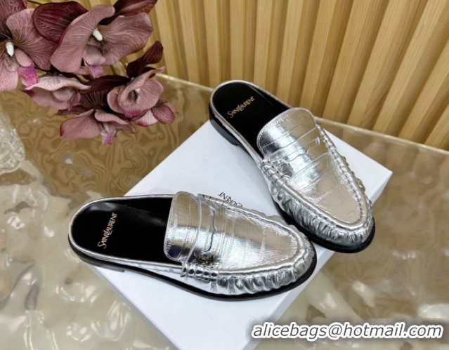 Purchase Saint Laurent Le Loafers Mules in Eel Embossed Leather Silver 0825102